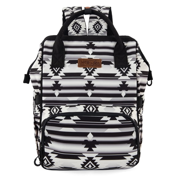 Wrangler Aztec Travel Backpack Baby Bag for Women with Stroller Strap and Side Bottle Pockets Organized Diaper Bag, Black