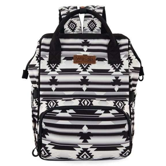 Wrangler Aztec Travel Backpack Baby Bag for Women with Stroller Strap and Side Bottle Pockets Organized Diaper Bag, Black