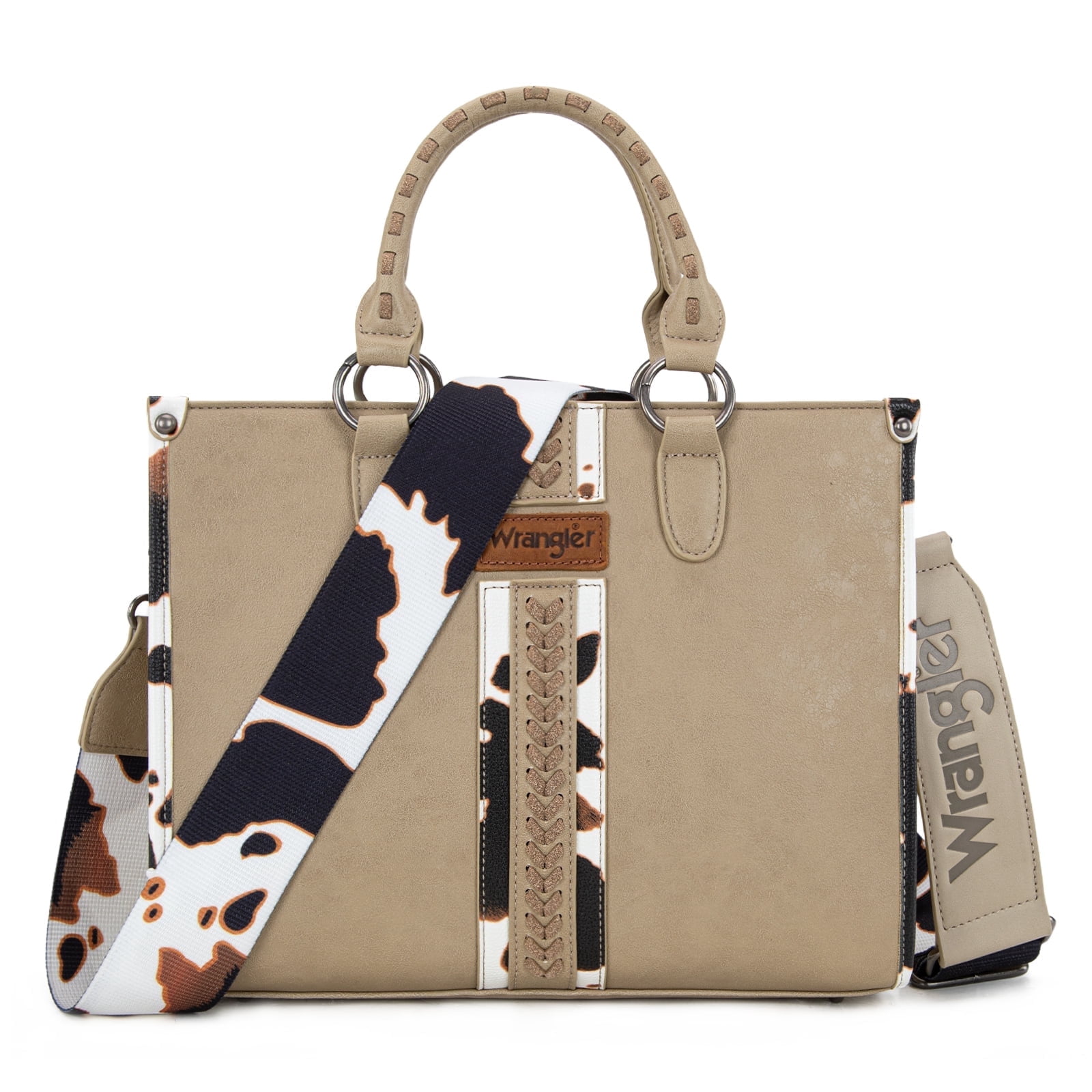 Wrangler Cow Print Tote Bag for Women Western Purse Boho Top Handle Satchel Handbag, Cow-Khaki