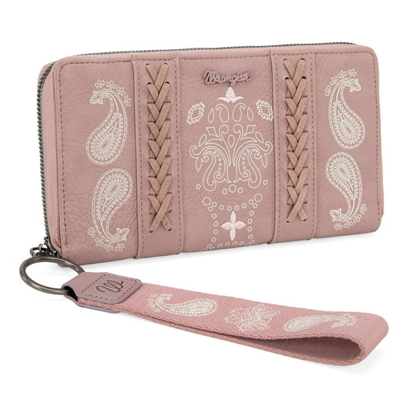 Wrangler Wristlet Wallet for Women, Vegan Leather Checkbook Wallet, RFID Paisley Designer Woman Wallet, Pink