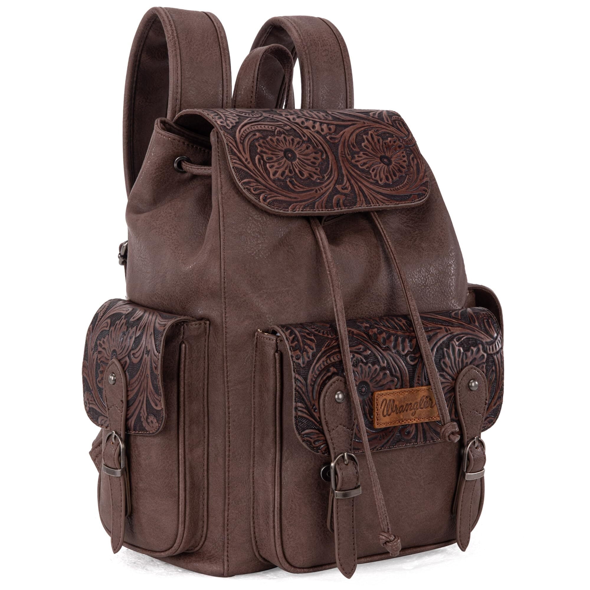 Wrangler Backpack Purse for Women Men Floral Tooled Designer Travel Bags, Cofffee