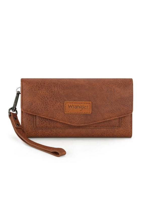 Wrangler Woman Wallet Large Phone Wristlet Women's Wallets, Card Cases & Money Organizers Trifold Wristlet Wallet with Coin Purse and Rfid Lining, Brown