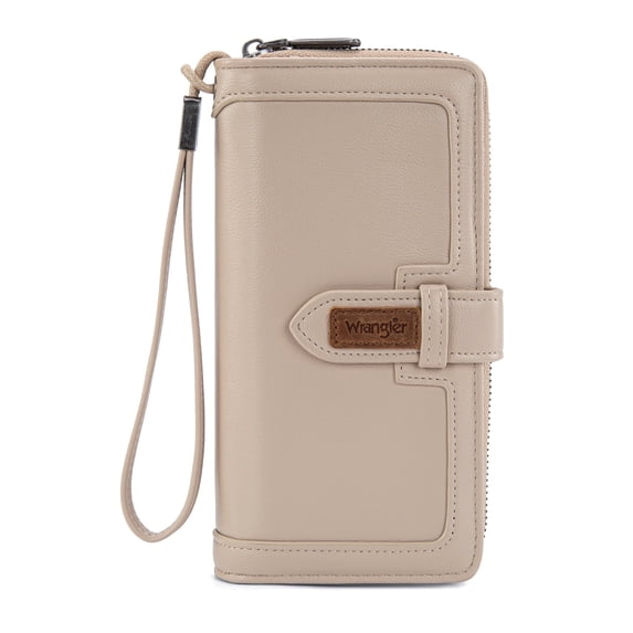 Wrangler Wristlet Wallet Women RFID Blocking Wallet, Card Cases & Money Organizers Large Capacity Bifold Clutch Wallets Ladies Female Card Cash Phone Wallets with ID Window, Tan