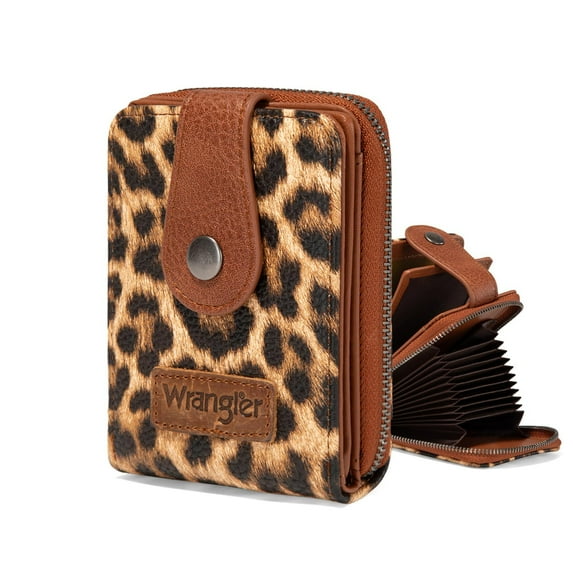 Wrangler Cow Print Wallet Women Small Credit Card Holder with Rfid Blocking Zip Credit Card Case,Compact & Easy to Carry Gifts for Women, Leopard