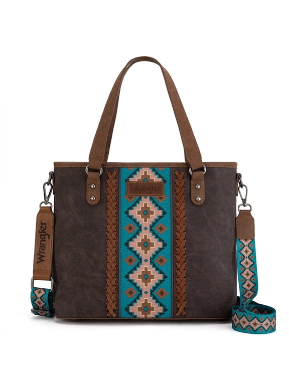 Wrangler Weatern Tote Bag for Women Medium Sized Aztec Handbags with Crossbody Strap, Coffee-turquoise
