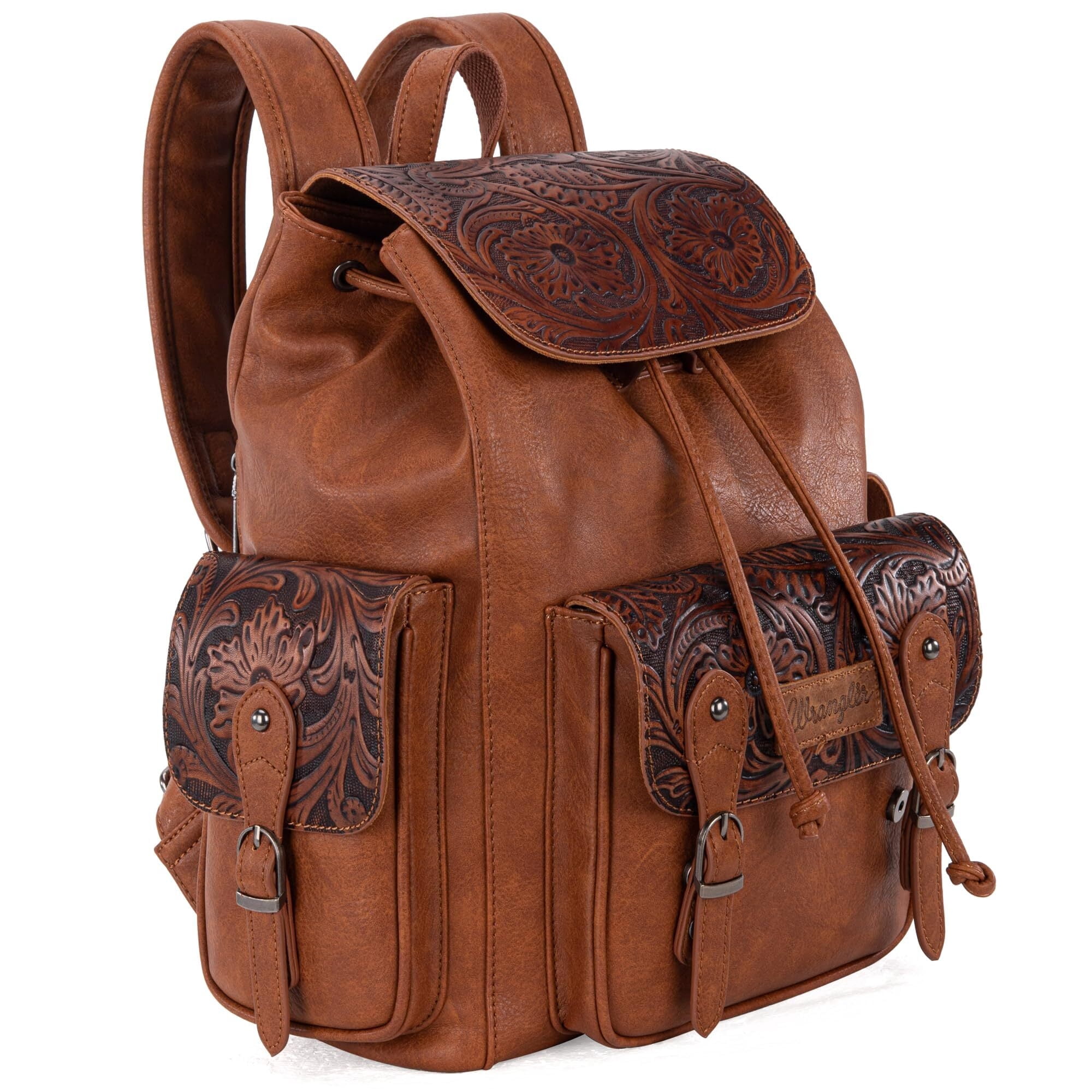 Wrangler Backpack Purse for Women Men Floral Tooled Designer Travel Bags, Brown