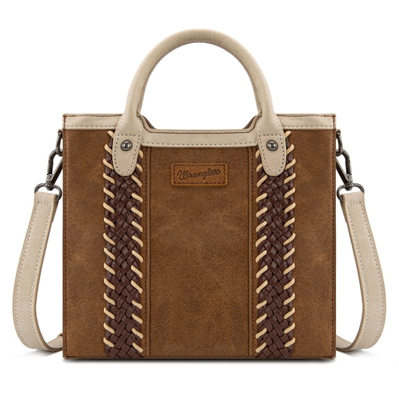 Wrangler Womens Braided Tote Bag Western Style Suede Top Handle Handbag With Detachable Crossbody Strap, Brown