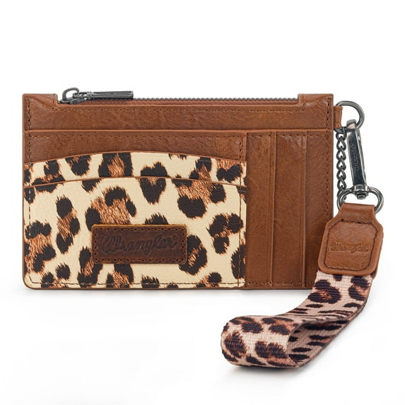 Wrangler Small Credit Card Holder for Women Slim Card Holder Wallet Womens Ladies Female Wristlet Keychain Wallet, Leopard-Brown