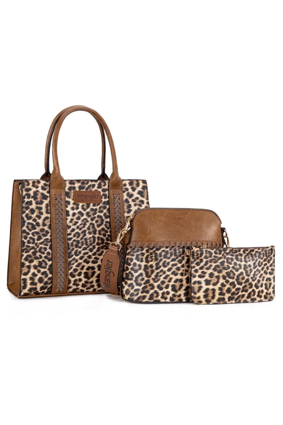 Wrangler 3Pcs Handbags Set Tote Bag & Medium Crossbody Purse & Wallet, Leopard-Brown