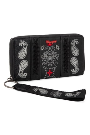 Wrangler Wristlet Wallet for Women, Vegan Leather Checkbook Wallet, RFID Paisley Designer Woman Wallet, Black