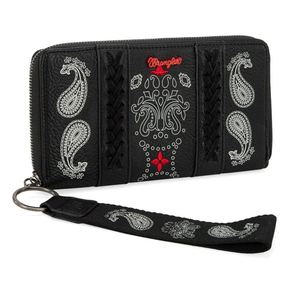 Wrangler Wristlet Wallet for Women, Vegan Leather Checkbook Wallet, RFID Paisley Designer Woman Wallet, Black