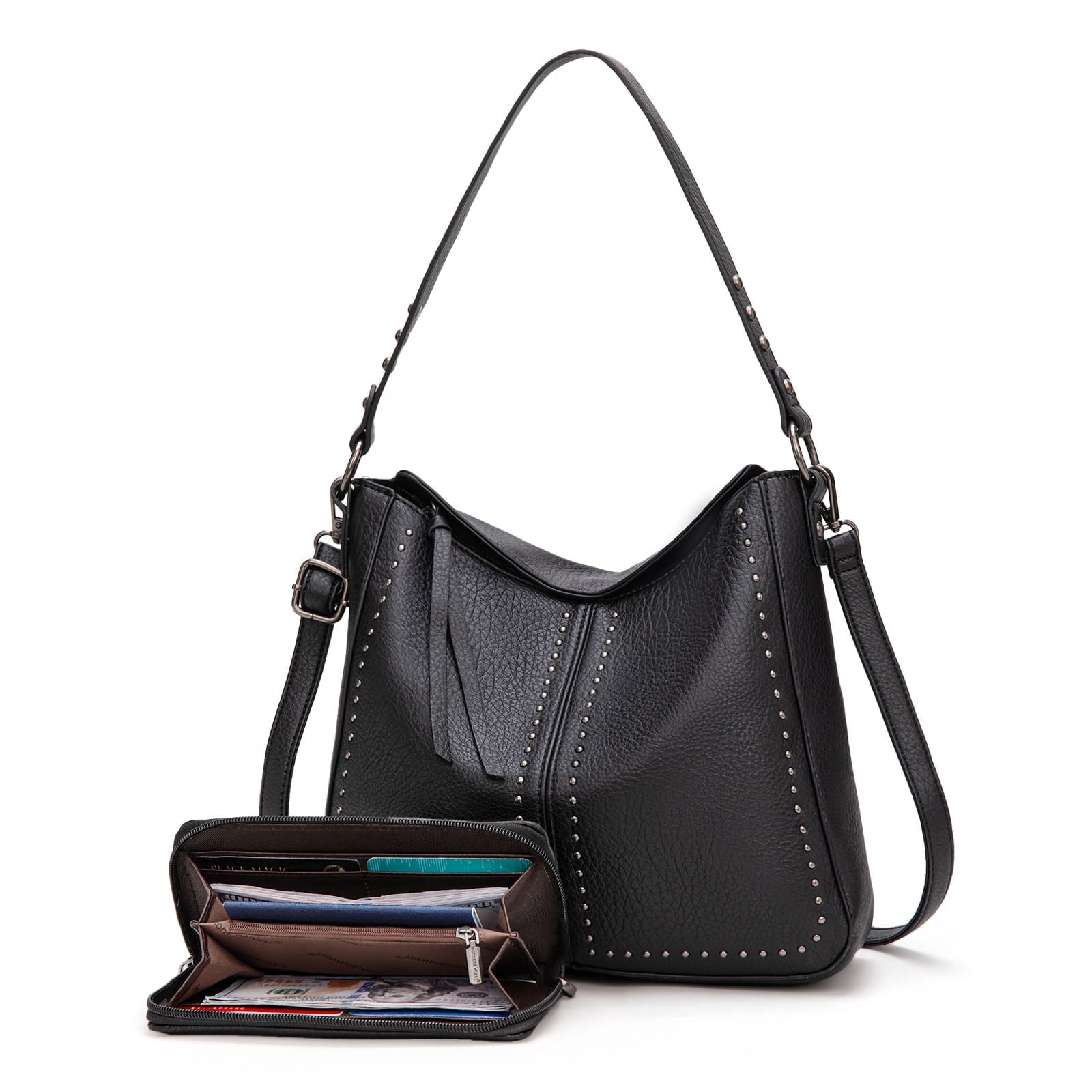 Montana West Purse and Wallet 2Pcs Set Hobo Crossbody Bag for Women Shoulder Handbags with Adjustable Strap, Black