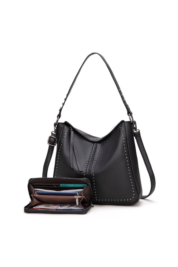 Purse and Wallet 2Pcs Set Hobo Crossbody Bag for Women Shoulder Handbags with Adjustable Strap, Black