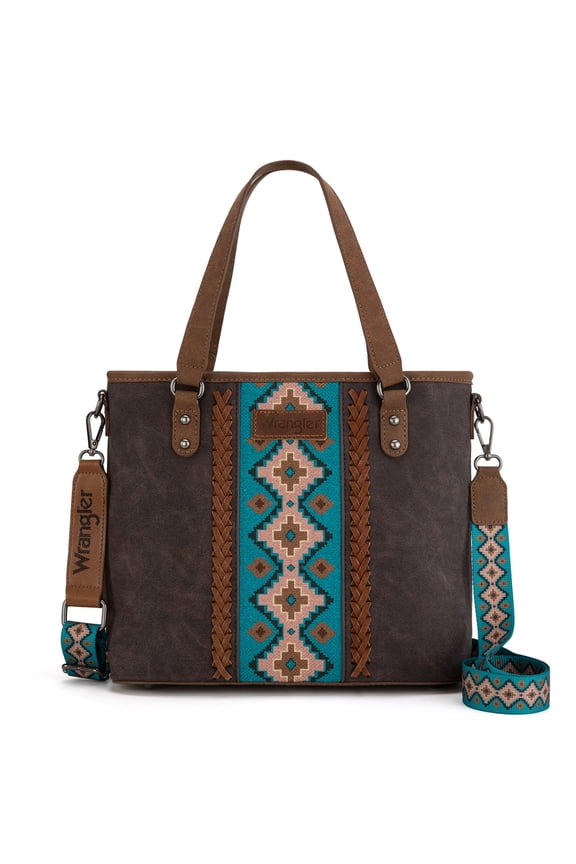 Wrangler Weatern Tote Bag for Women Medium Sized Aztec Handbags with Crossbody Strap, Coffee-turquoise