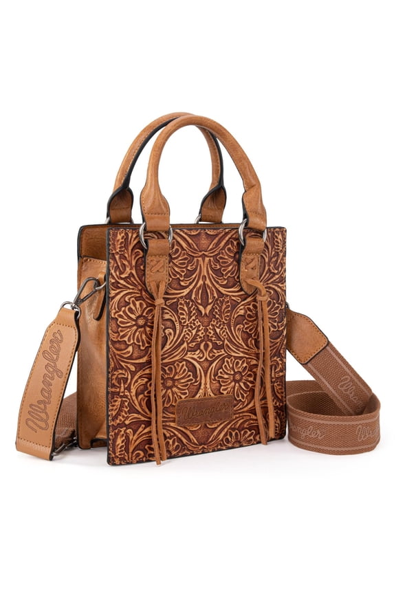 Wrangler Embossed Crossbody Bag for Women Top Handle Fringe Handbags and Western Mini Tote, Light Brown
