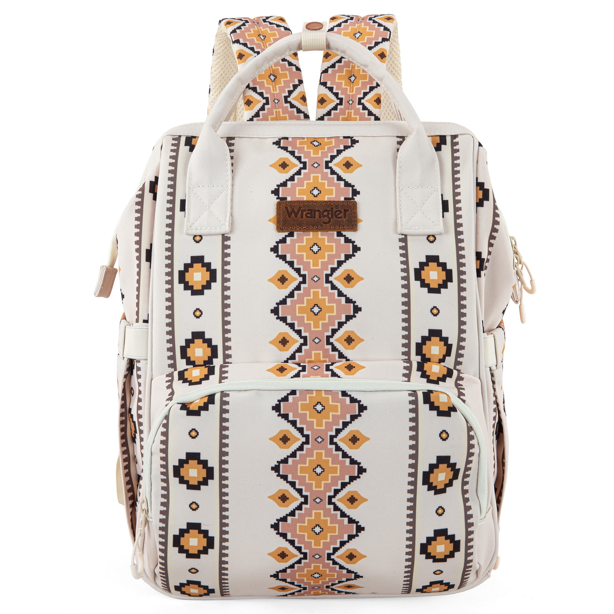 Wrangler Aztec Travel Backpack Baby Bag for Women with Stroller Strap and Side Bottle Pockets Organized Diaper Bag, Tan