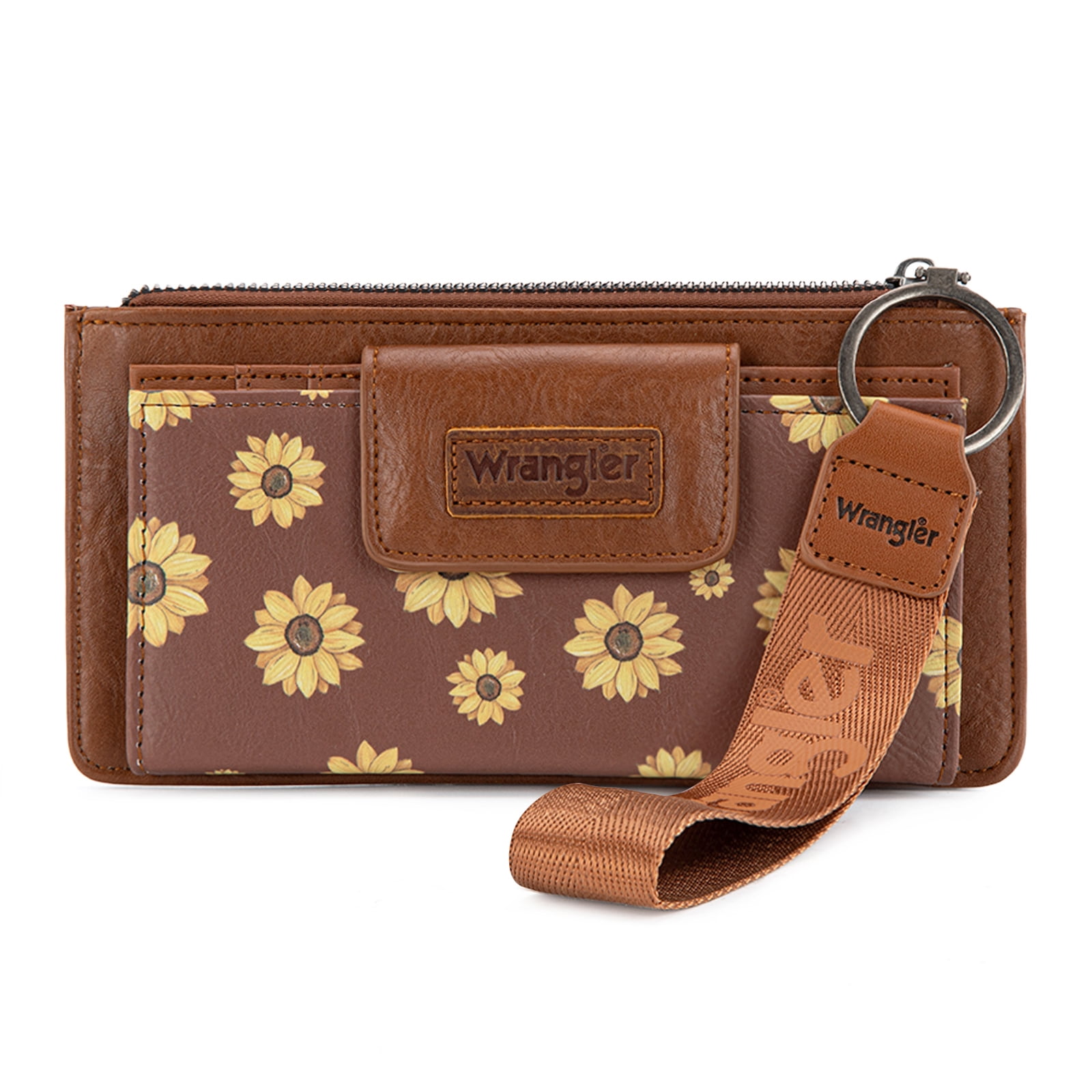 Wrangler Wallet for Women Floral Wristlet Wallets Ladies Female Large Clutch Wallets with Coin Purse and Rfid Lining, Brown