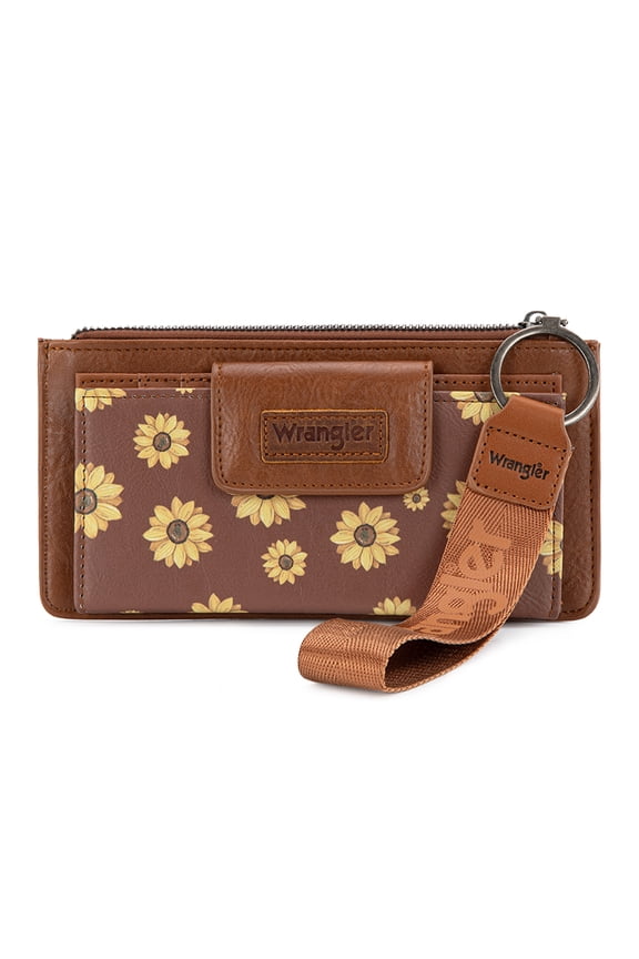 Wrangler Wallet for Women Floral Wristlet Wallets Ladies Female Large Clutch Wallets with Coin Purse and Rfid Lining, Brown