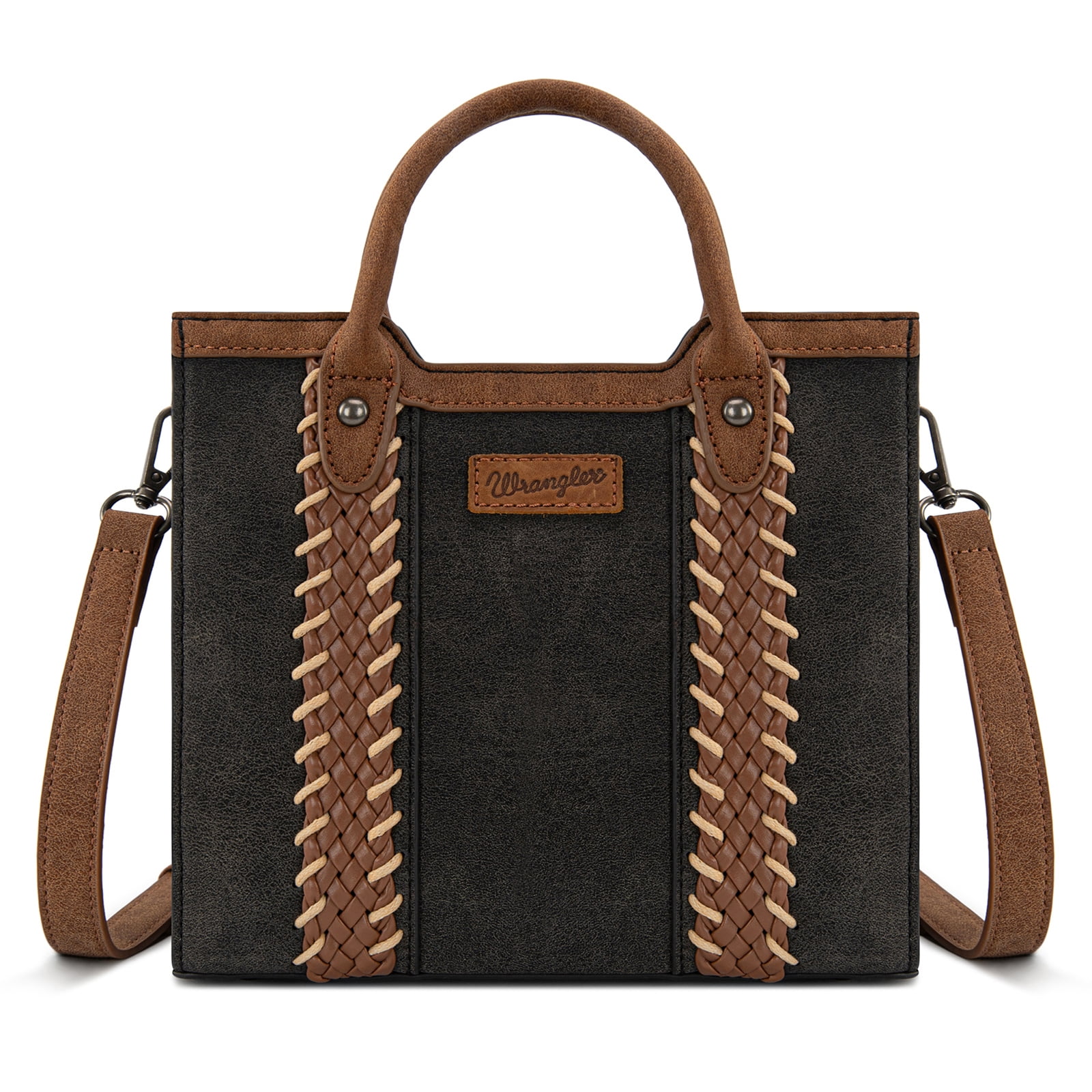 Wrangler Womens Braided Tote Bag Western Style Suede Top Handle Handbag With Detachable Crossbody Strap, Black