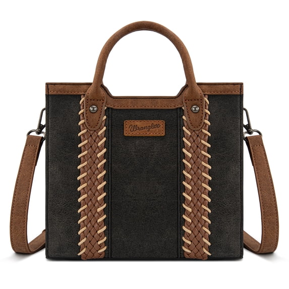 Wrangler Womens Braided Tote Bag Western Style Suede Top Handle Handbag With Detachable Crossbody Strap, Black
