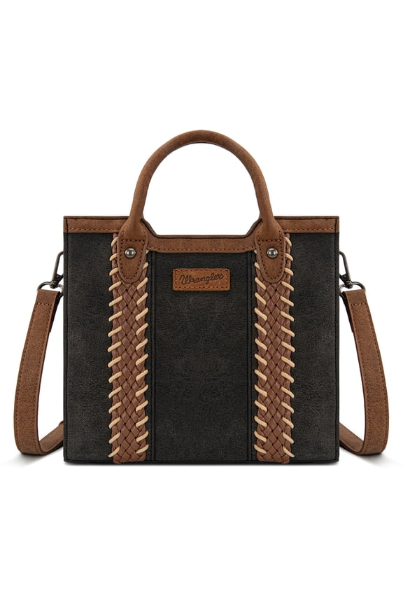 Wrangler Womens Braided Tote Bag Western Style Suede Top Handle Handbag With Detachable Crossbody Strap, Black
