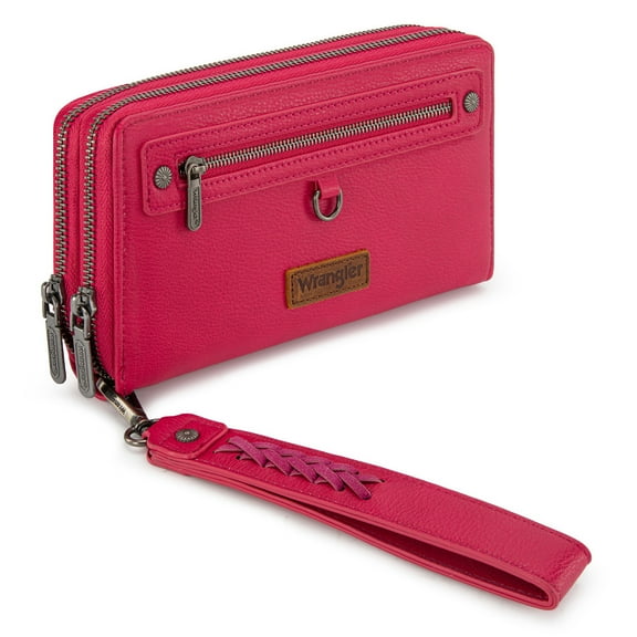 Wrangler Large Capacity Women Wristlet Dual Zipper Wallet with Id Window and Smooth Metal Zipper, Hor Pink