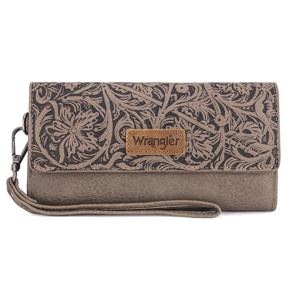 Wrangler Western Wallets for Women Trifold Wristlet Wallets Large Capacity Women Clutch Wallet with Coin Purse, Deep Khaki