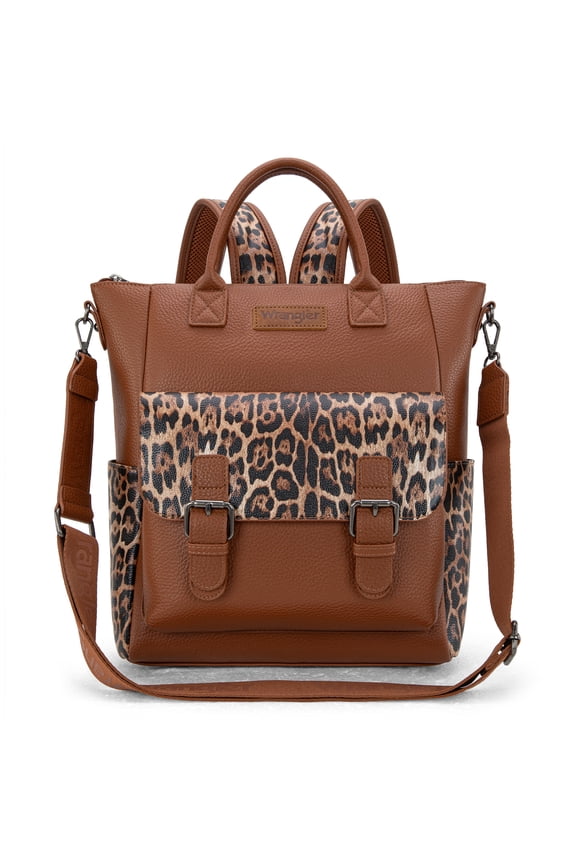 Wrangler Backpack Purse for Women Medium Size Convertible Backpack with Crossbody Strap for Travel Work, Leopard-Brown