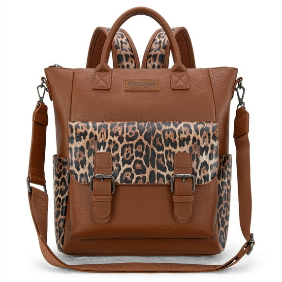 Wrangler Backpack Purse for Women Medium Size Convertible Backpack with Crossbody Strap for Travel Work, Leopard-Brown