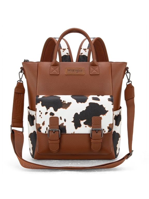 Wrangler Backpack Purse for Women Medium Size Convertible Backpack with Crossbody Strap for Travel Work, Cow-Brown