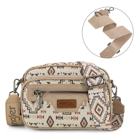 Wrangler Aztec Crossbody Bag for Women Vegan Leather Vintage Multi Pocket Crossover Bag Shoulder Pursea with Adjustable Strap, Tan