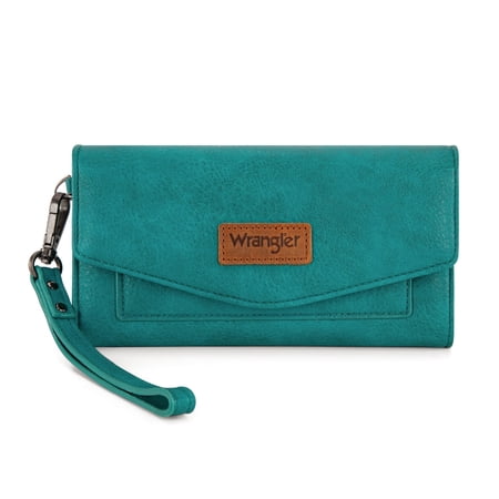 Wrangler Woman Wallet Large Phone Wristlet Women's Wallets, Card Cases & Money Organizers Trifold Wristlet Wallet with Coin Purse and Rfid Lining, Turquoise