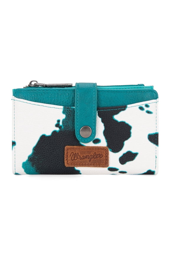 Wrangler Wallets for Women Slim Bifold Credit Card Holder, Cow Print-Light Turquoise