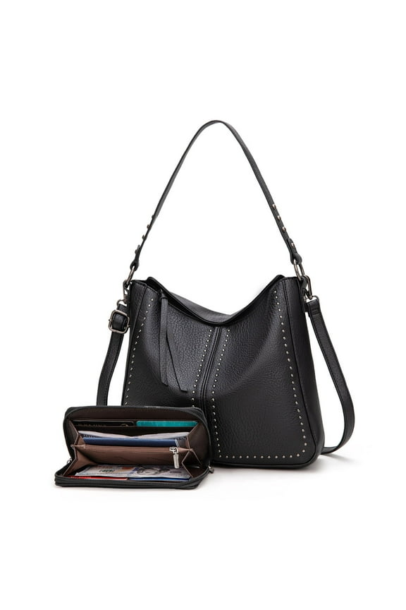 Purse and Wallet 2Pcs Set Hobo Crossbody Bag for Women Shoulder Handbags with Adjustable Strap, Black