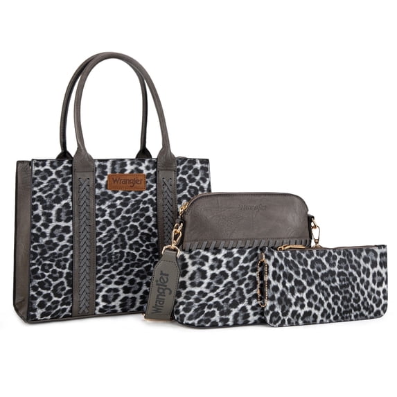 Wrangler 3Pcs Handbags Set Tote Bag & Medium Crossbody Purse & Wallet, Leopard-Gray