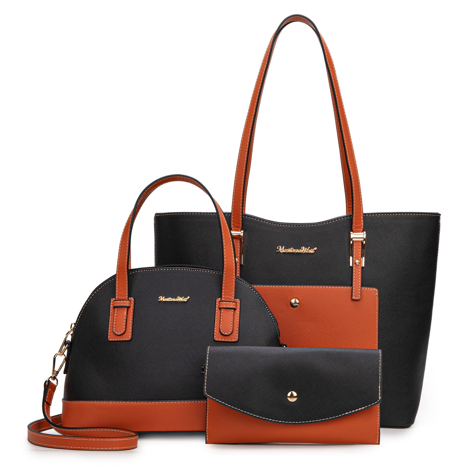Montana West 3PCS Purses Set for Women Tote Bag Handbag Wallet Set Shoulder Satchel Bags Crossbody Bags, Black-Orange