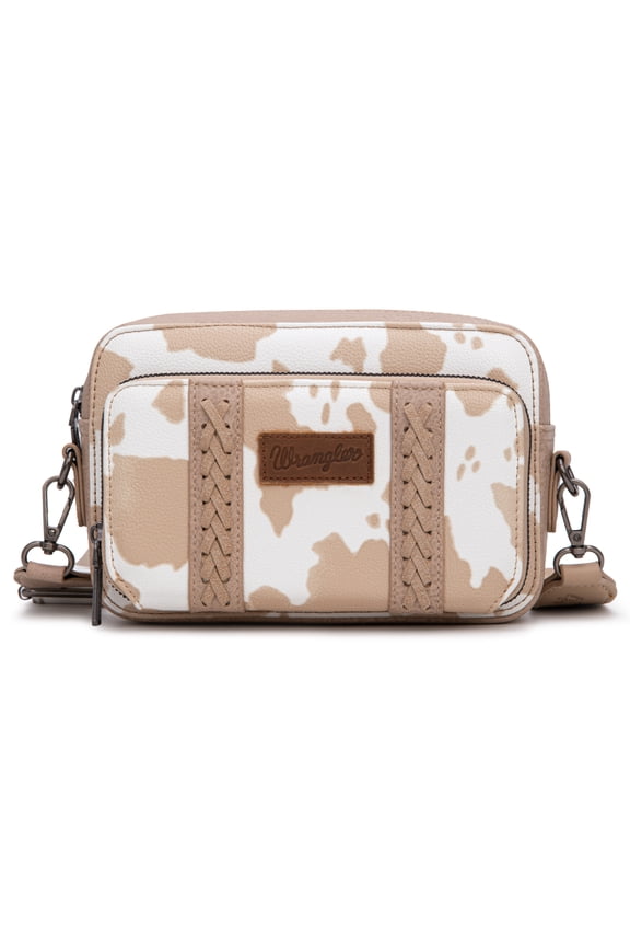 Wrangler Cow Print Crossbody Bag for Women Western Cowgirl Crossbody Purses with Guitar Strap, Tan