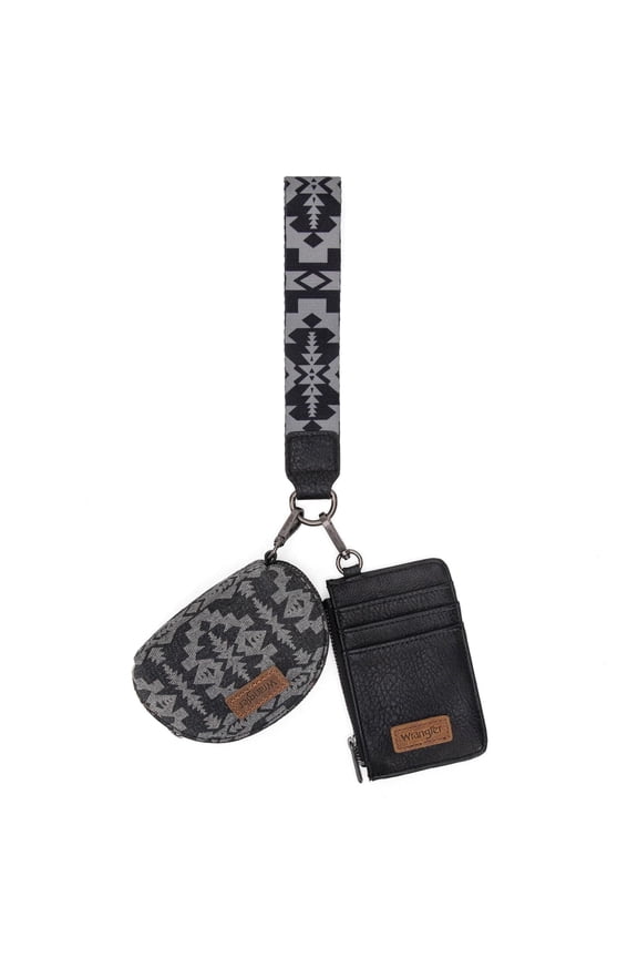 Wrangler Aztec Keychain Wristlet Wallets for Women Western Dual Pouch Wristlet Credit Card Holder Wallet with Zipper Pocket, Retro-Black
