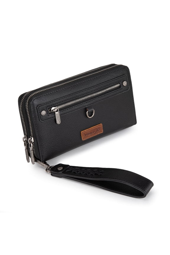 Wrangler Large Capacity Women Wristlet Dual Zipper Wallet with Id Window and Smooth Metal Zipper, Black