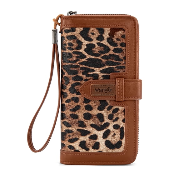 Wrangler Wristlet Wallet Women RFID Blocking Wallet, Card Cases & Money Organizers Large Capacity Bifold Clutch Wallets Ladies Female Card Cash Phone Wallets with ID Window, Lepard-Brown