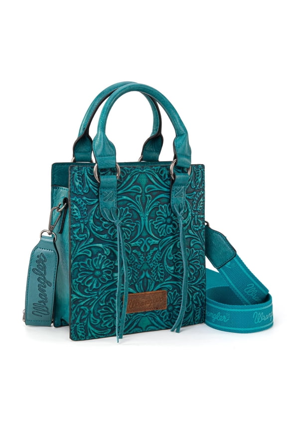 Wrangler Embossed Crossbody Bag for Women Top Handle Fringe Handbags and Western Mini Tote, Turquoise
