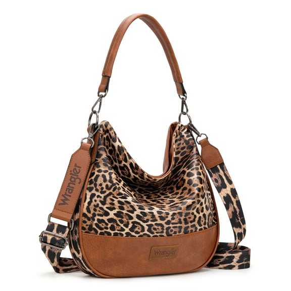 Wrangler Hobo Bags Large Crossbody Bags for Women Shoulder Purses with Striped Cotton Straps, Leopard-Brown