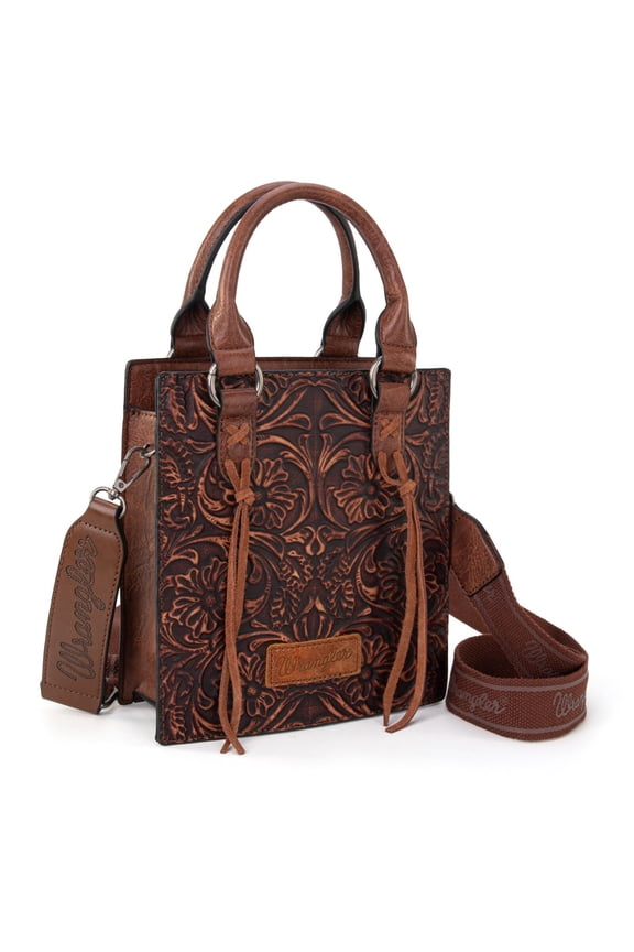 Wrangler Embossed Crossbody Bag for Women Top Handle Fringe Handbags and Western Mini Tote, Brown