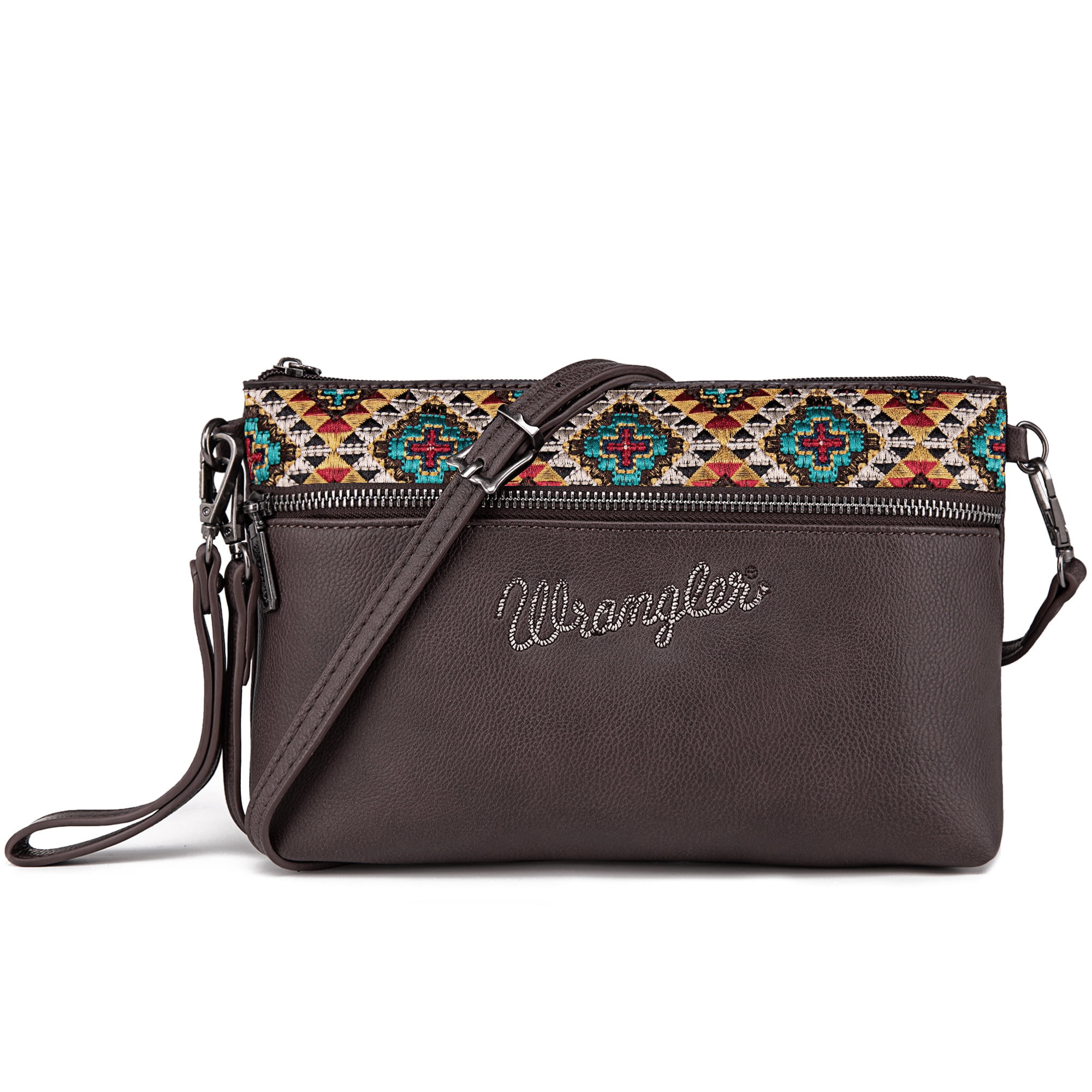 Wrangler Western Cowhide Crossbody Bags for Women Clutch Wristlet Purse, Embroidered-coffee
