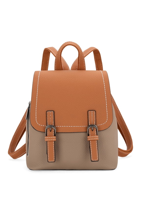 Small Backpack for Women Vegan Leather Mini Backpack Purse for Women Colorblock Backpack Cute Convertible Shoulder Bag, Camel