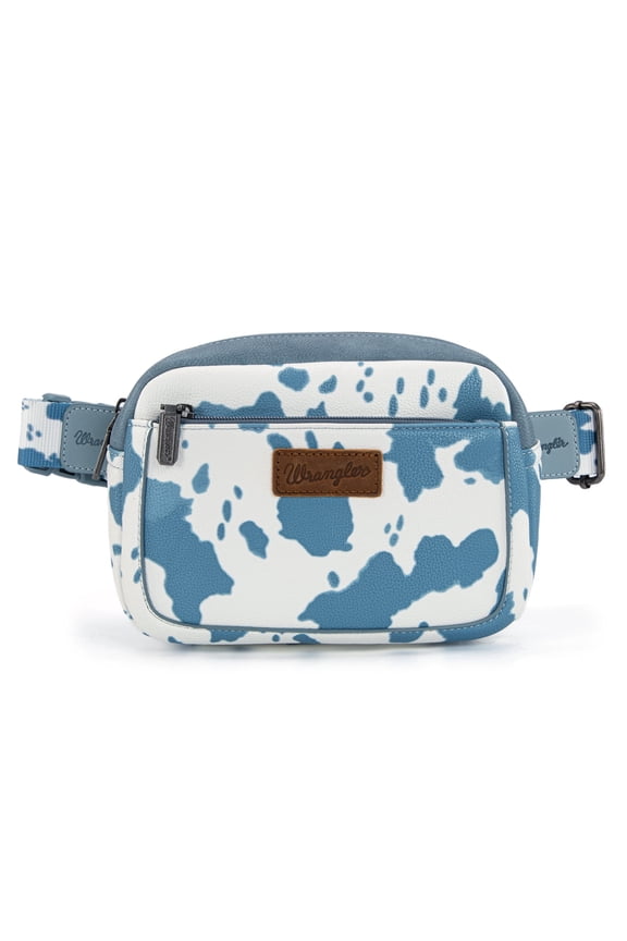 Wrangler Cow Print Waist Pack Western Belt Bag for Women with Adjustable Strap, B-Blue