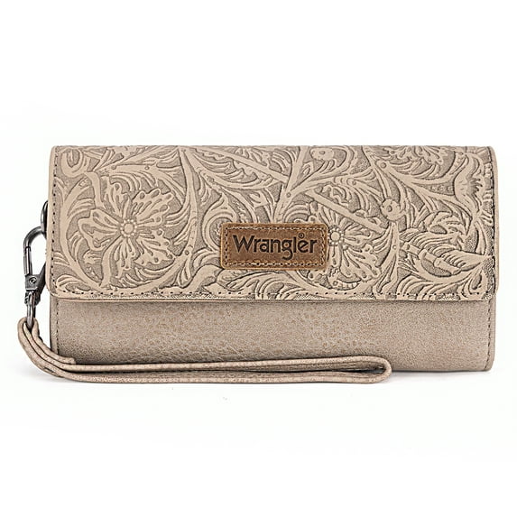 Wrangler Western Wallets for Women Trifold Wristlet Wallets Large Capacity Women Clutch Wallet with Coin Purse, Tan