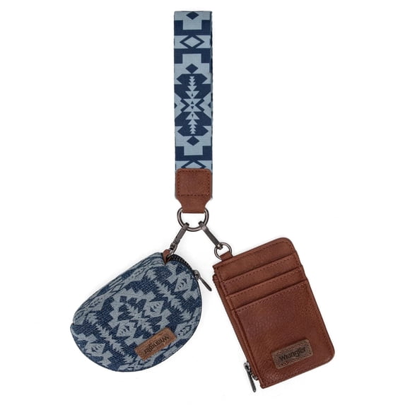 Wrangler Aztec Keychain Wristlet Wallets for Women Western Dual Pouch Wristlet Credit Card Holder Wallet with Zipper Pocket, Retro-Jean