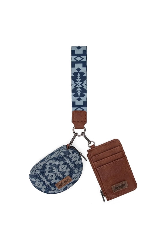 Wrangler Aztec Keychain Wristlet Wallets for Women Western Dual Pouch Wristlet Credit Card Holder Wallet with Zipper Pocket, Retro-Jean