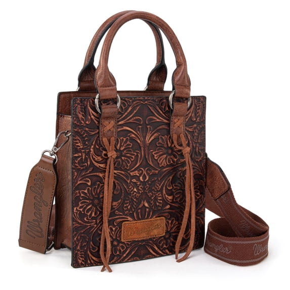 Wrangler Embossed Crossbody Bag for Women Top Handle Fringe Handbags and Western Mini Tote, Brown